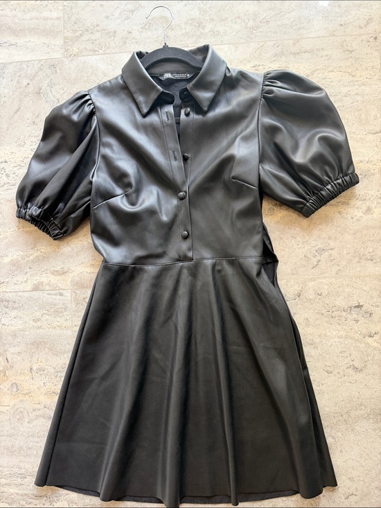 Zara Dresses & Skirts - Zara’s Black Faux Leather Puff-Sleeve Dress - Stylish Short Dress
